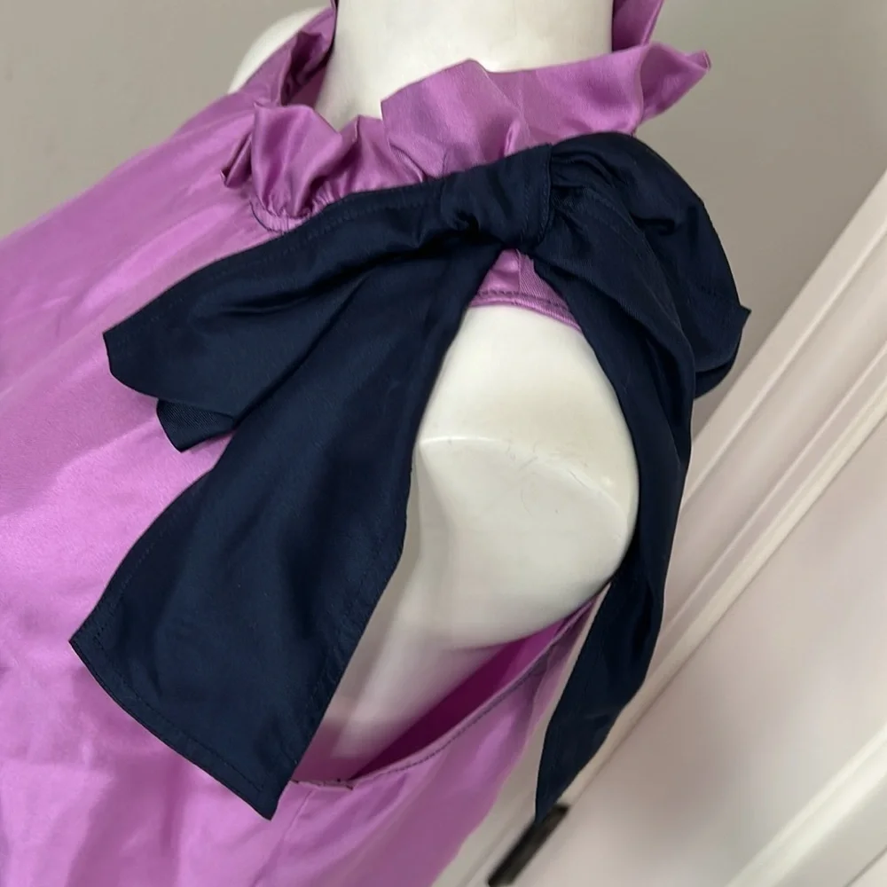 J Crew Collection silk twill top with fixed bow Purple Navy Blue Bow Sz S NEW